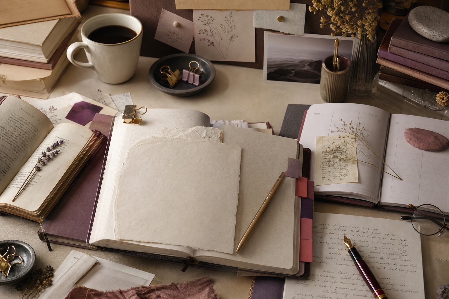 Open notebook with project tabs, books, planner pages, coffee, and creative desk objects.