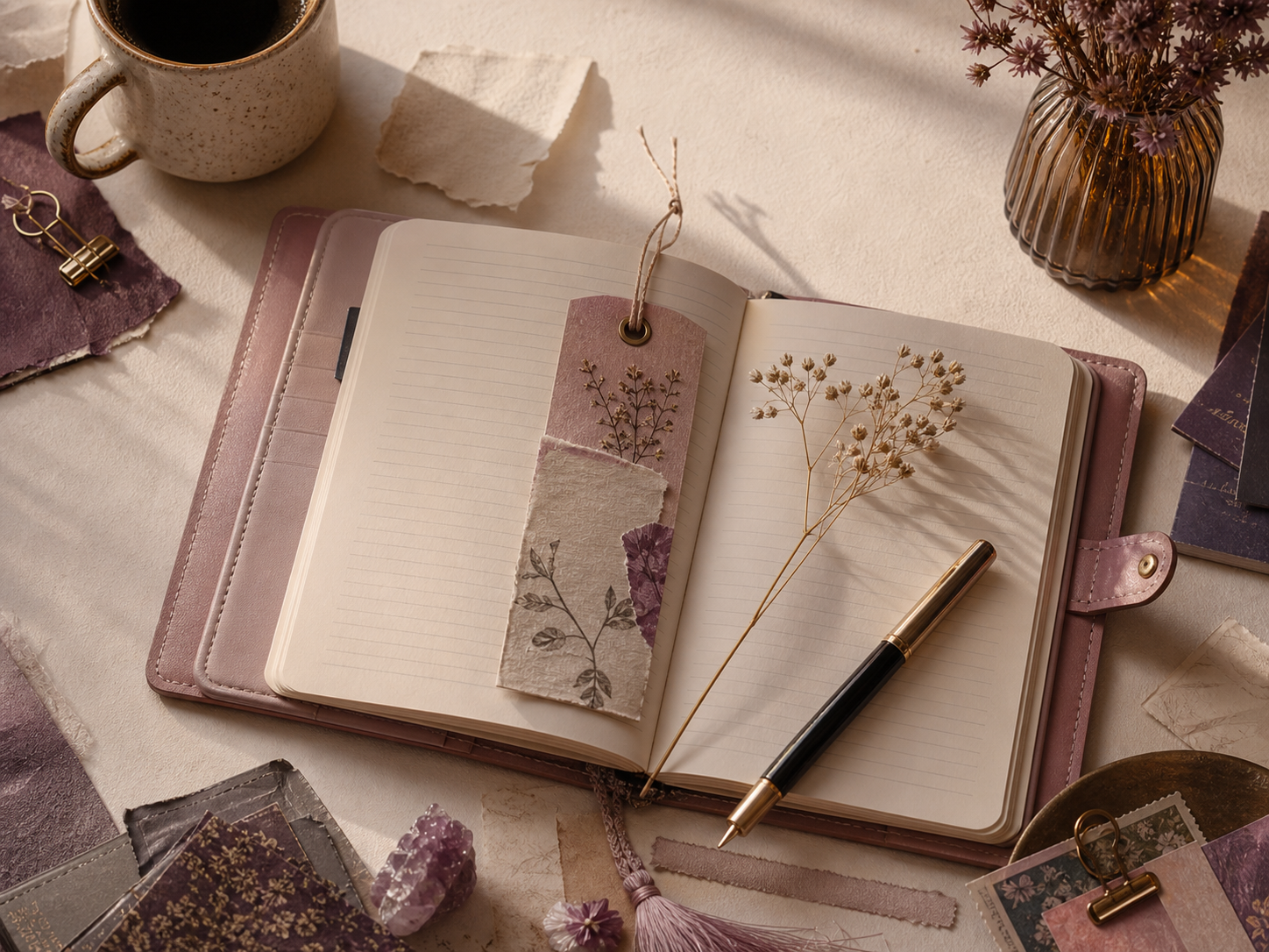 Open planner, pen, paper scraps, coffee, and blush stationery for Another Damn Stationery Co.