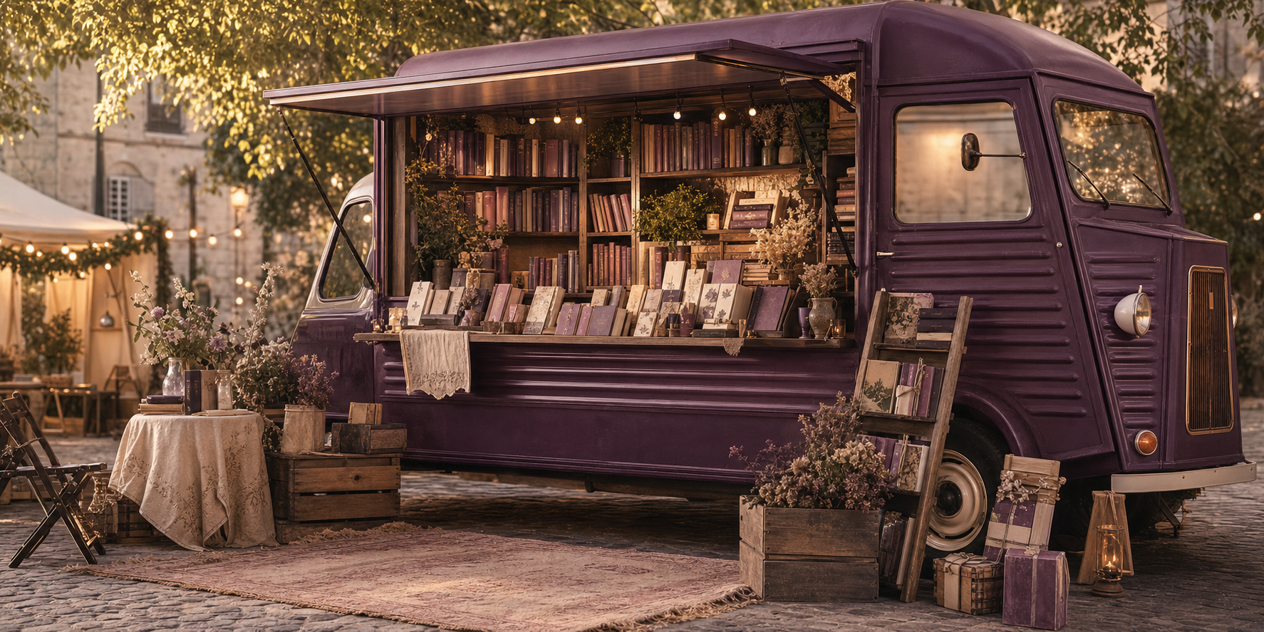 Plum mobile bookstore bookvan with books, flowers, warm lights, and event styling.