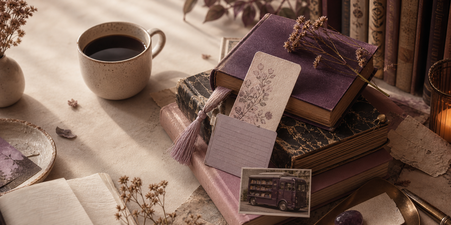 Stack of books, bookmark, literary ephemera, and a small bookvan photograph for The Grey Chapter Society.