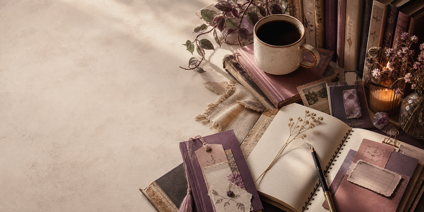 Layered creative desk with books, notebook, coffee, bookmarks, paper, and botanical details.