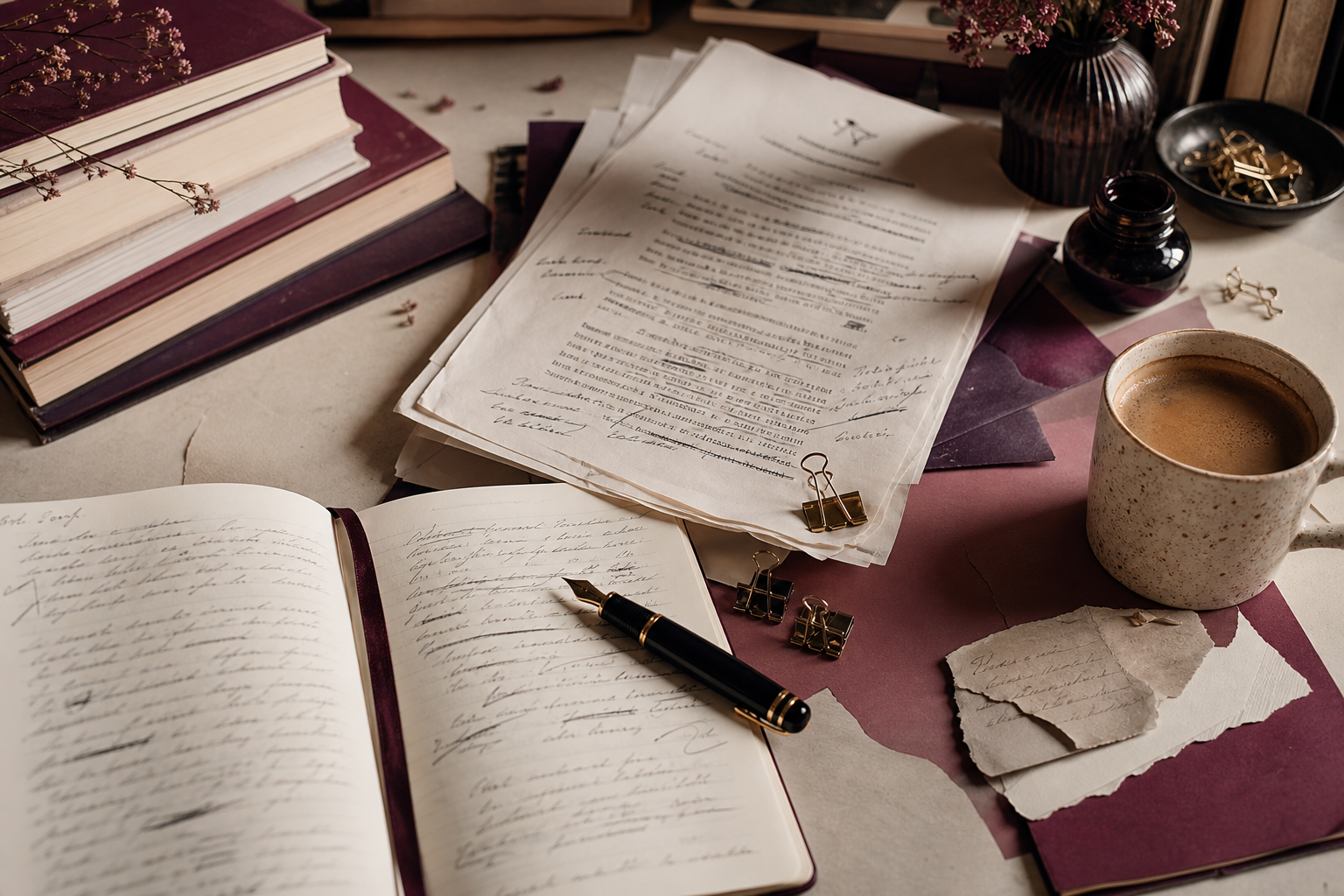 Manuscript pages, open notebook, fountain pen, coffee, book stacks, paper scraps, and binder clips for Lux Davenport stories.