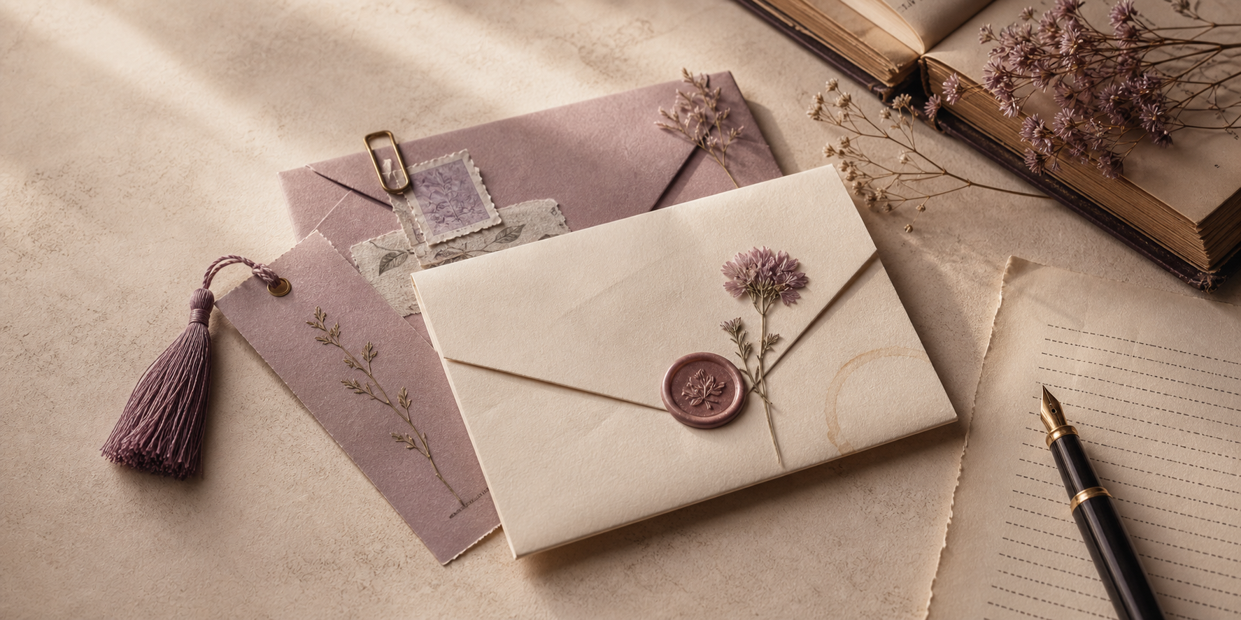 Envelope, folded note, wax seal, paperclip, pressed flowers, and letter for Another Damn Newsletter.